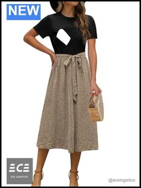 Nursing Maternity Dress Floral Patchwork Ribbed Tie Waist A-Line Midi